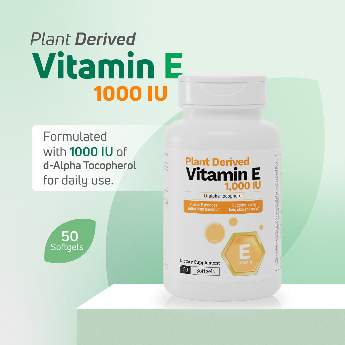 Plant Derived Vitamin E 1000 IU supplement formulated with d-alpha tocopherol in 50 softgels