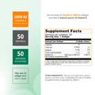 Plant Derived Vitamin E 1000 IU supplement facts panel with d-alpha tocopherol and 50 softgels