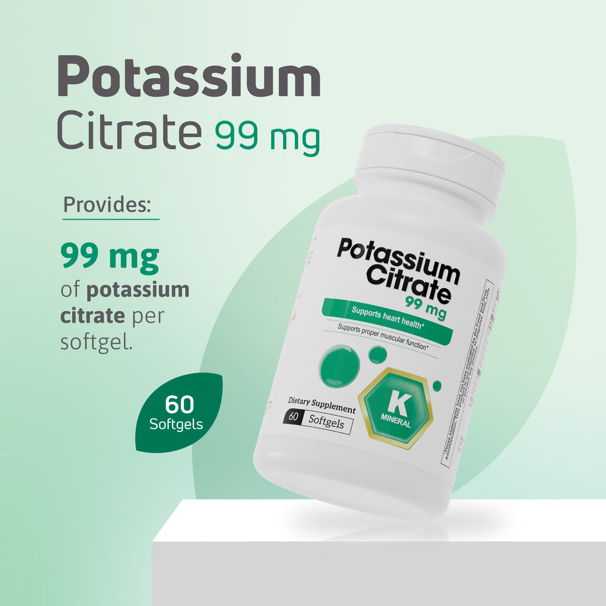 Potassium Citrate 99 mg mineral supplement bottle with 60 softgels