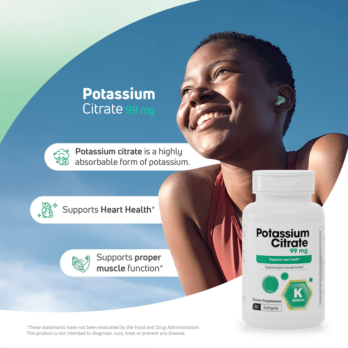 Smiling active woman with Potassium Citrate 99 mg supplement for potassium, heart health, and proper muscle function support