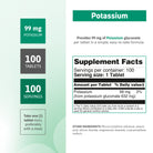 Potassium Citrate supplement facts with 99 mg potassium per tablet and 100 servings per container.