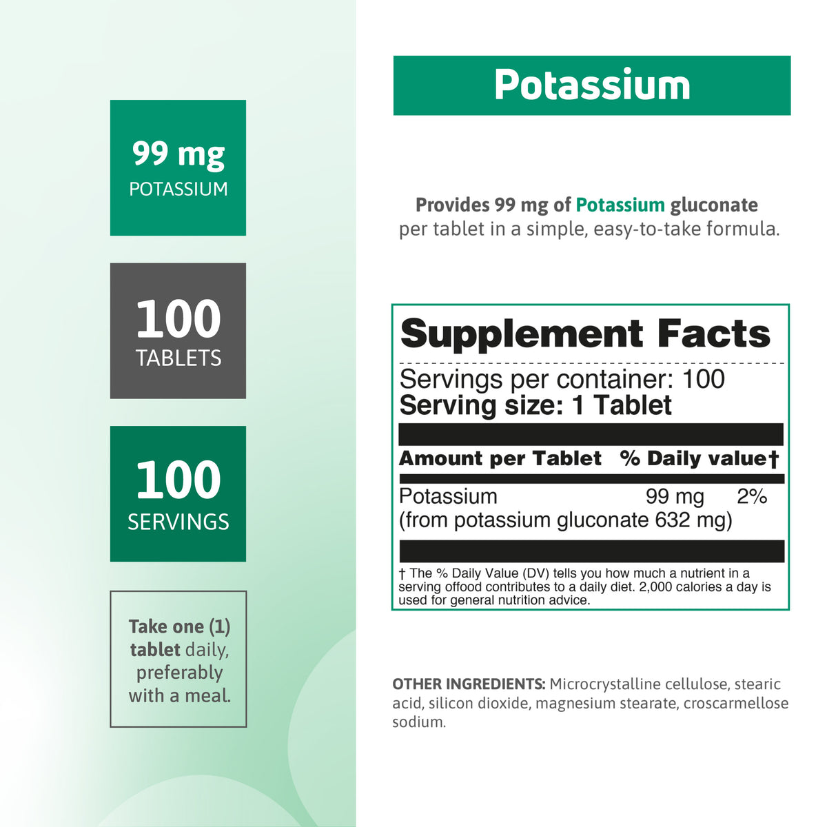 Potassium Citrate supplement facts with 99 mg potassium per tablet and 100 servings per container.