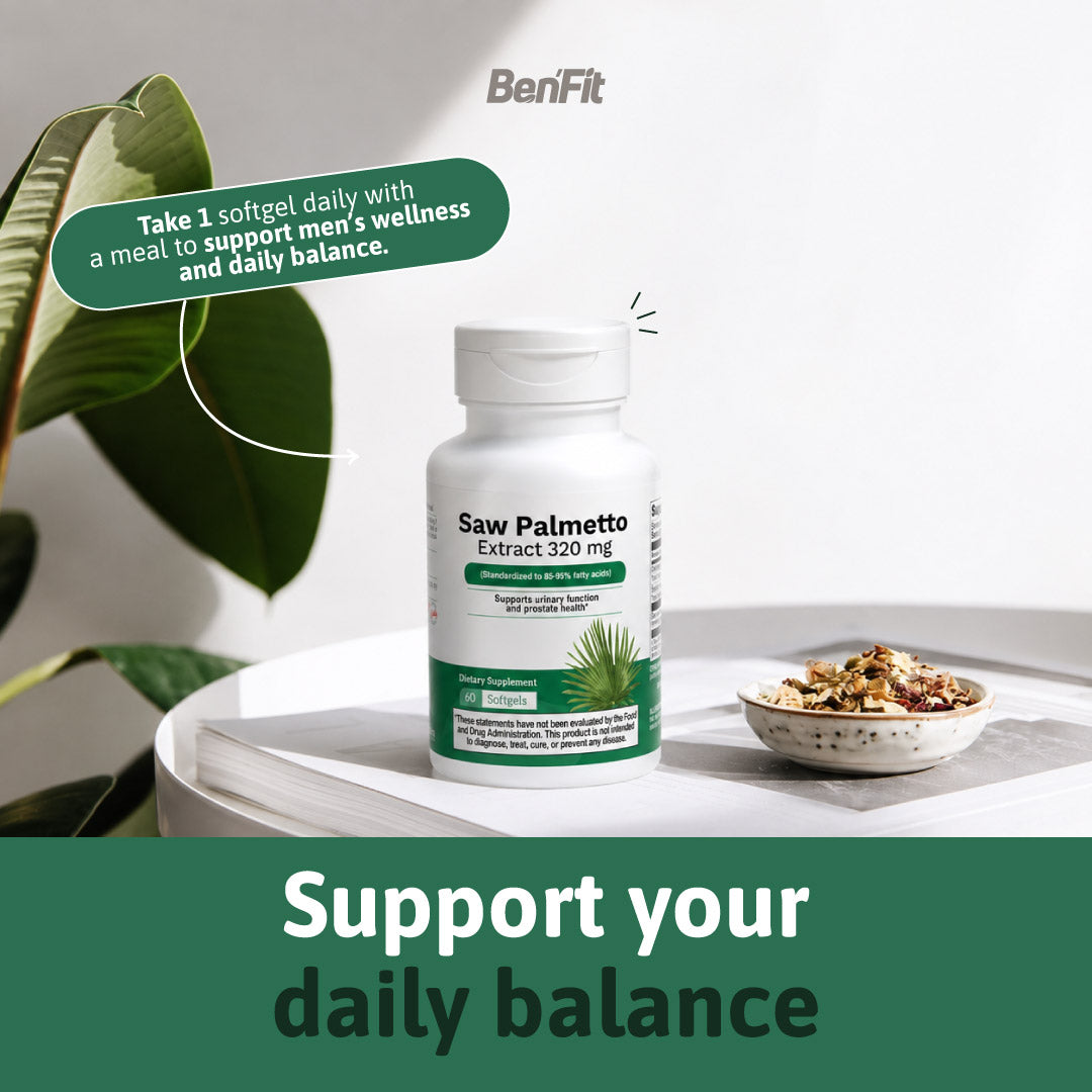 BenFit Saw Palmetto Extract 320 mg supplement displayed in a wellness setting for men’s daily balance and urinary and prostate health support.