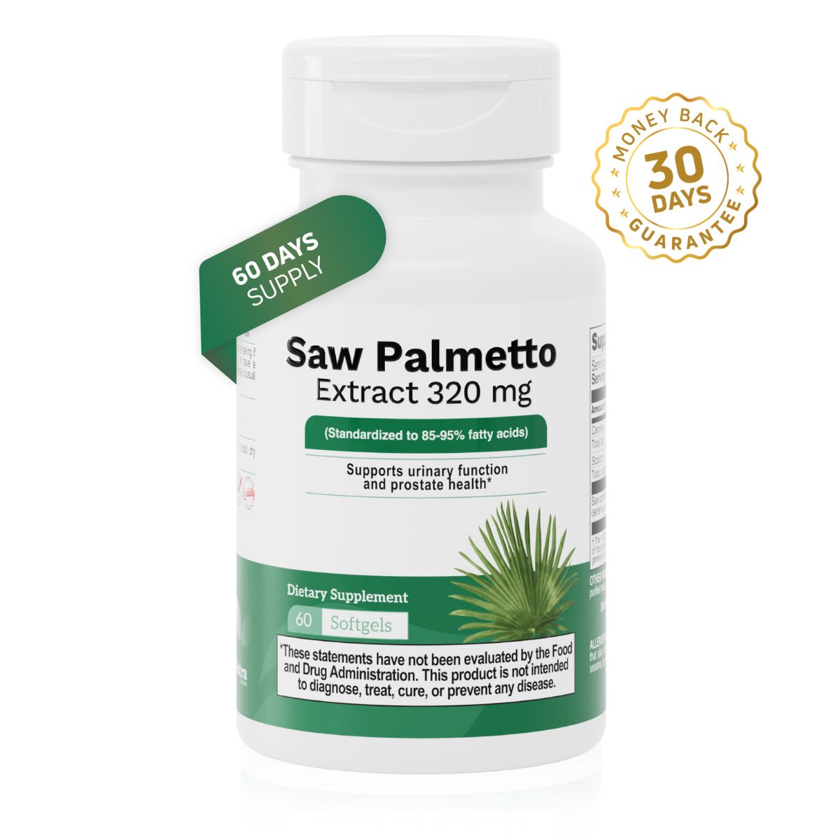 Saw Palmetto Extract 320 mg supplement bottle with 60 softgels for urinary function and prostate health support