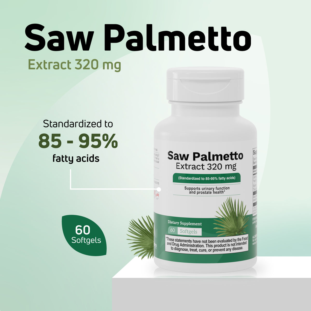 Saw Palmetto Extract 320 mg supplement standardized to 85-95% fatty acids with 60 softgels