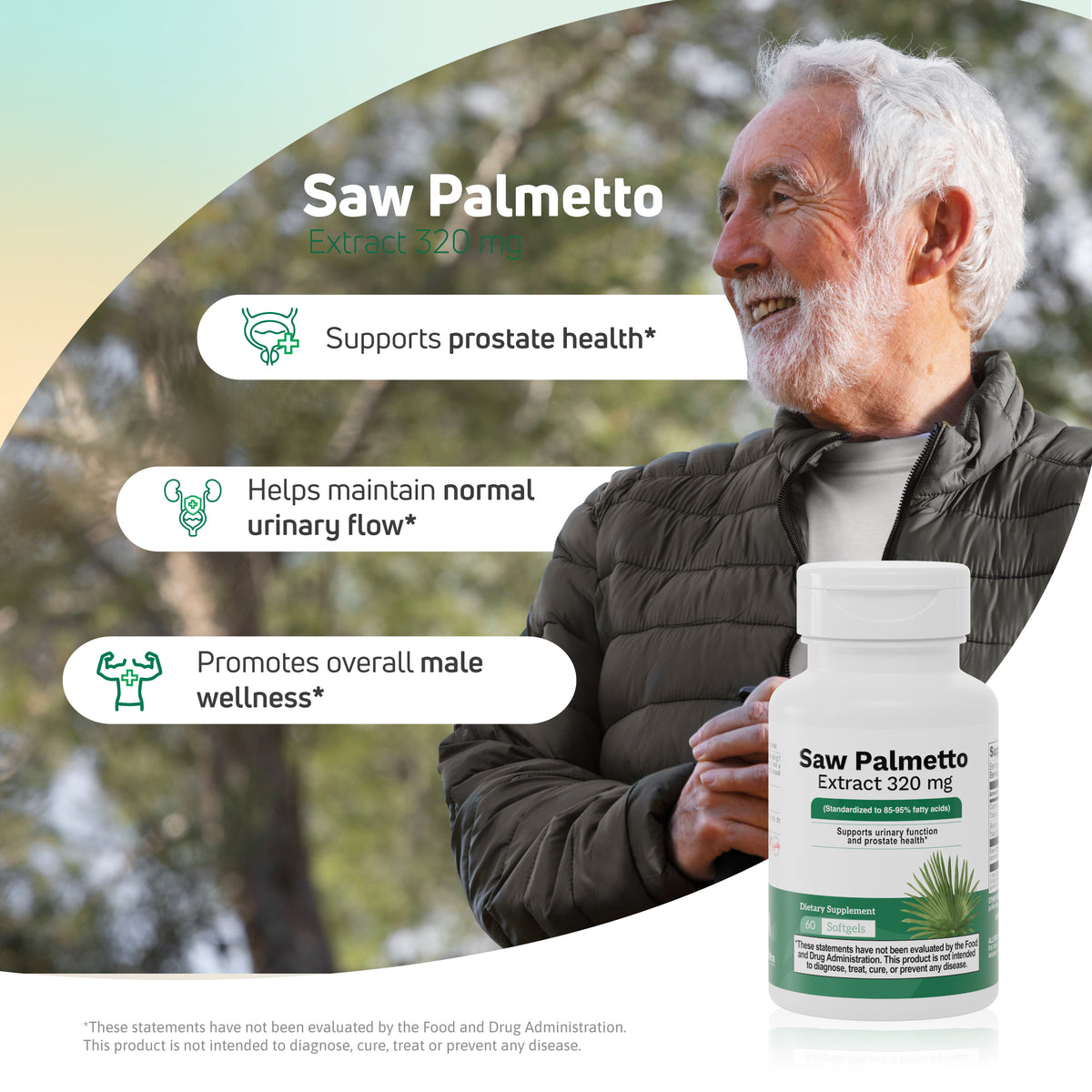 Saw Palmetto Extract 320 mg lifestyle image for prostate health, urinary flow and male wellness support