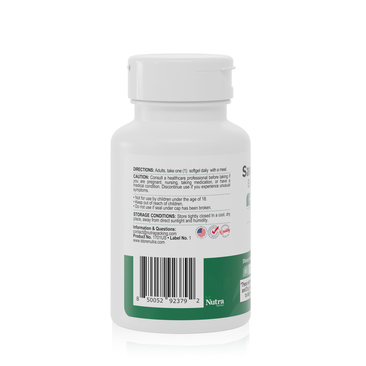 Saw Palmetto Extract 320 mg supplement bottle back label with directions, caution information and barcode