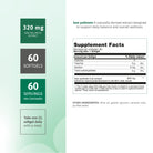 Saw Palmetto Extract supplement facts panel with 320 mg extract, 85-95% fatty acids and 60 softgels