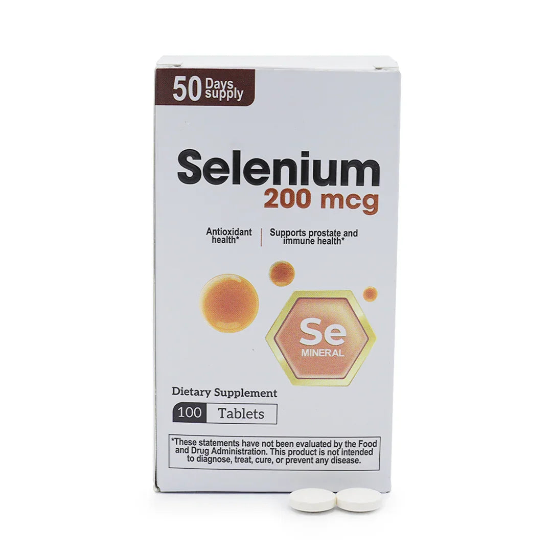 Selenium 200 mcg dietary supplement box with 100 tablets and 50 day supply