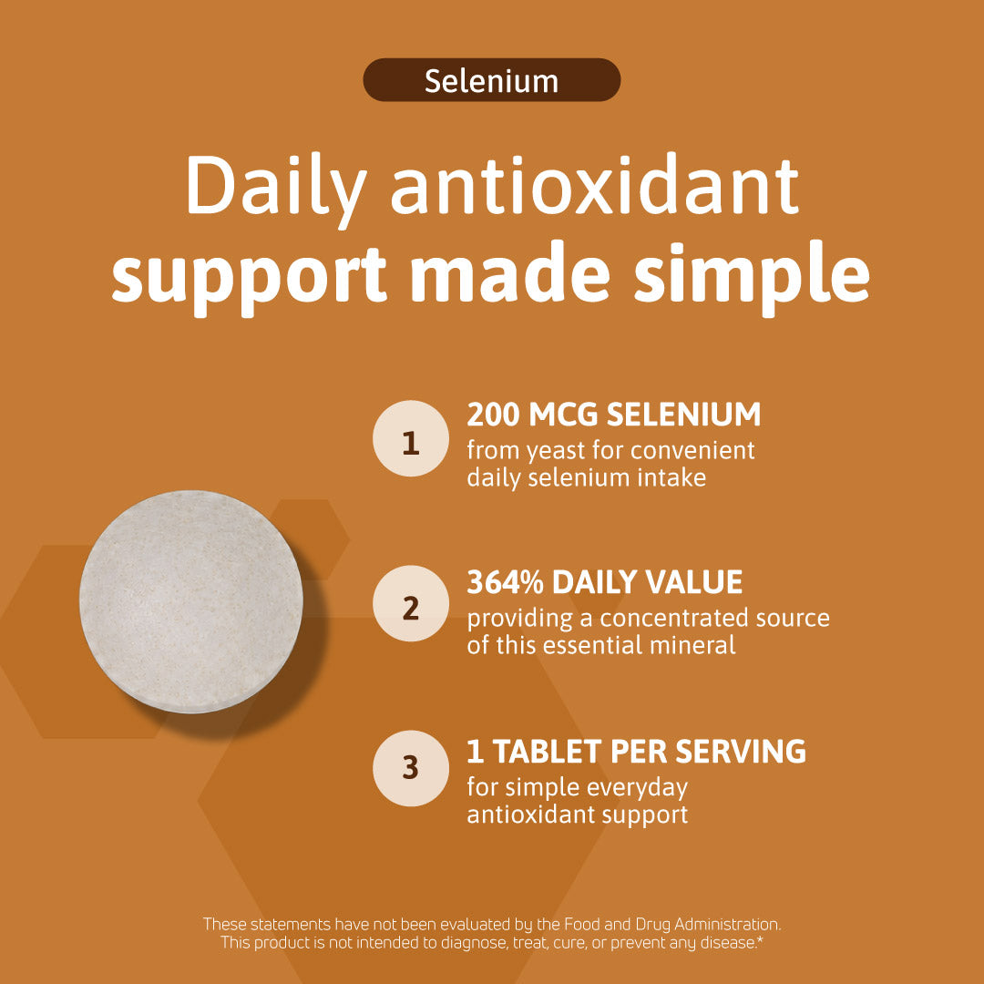 Selenium 200 mcg from yeast providing 364% Daily Value with one tablet per serving.