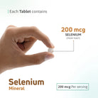Selenium 200 mcg from yeast tablet showing mineral supplement dose per serving
