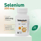 Selenium 200 mcg supplement bottle with 100 tablets for immune defense and cellular support