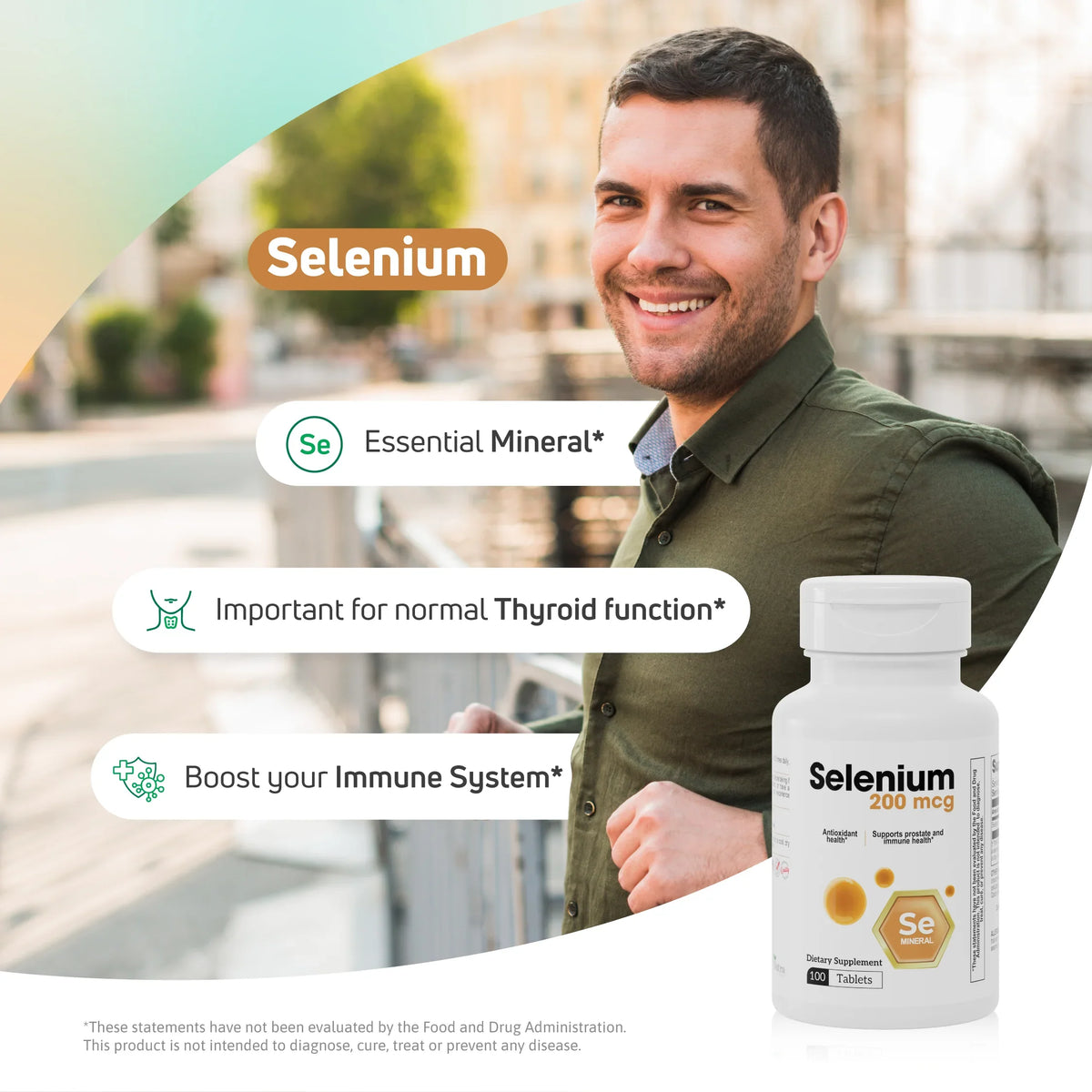 Selenium 200 mcg supplement for immune system support and normal thyroid function with 100 tablets