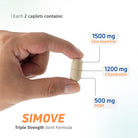 SIMOVE caplet showing glucosamine 1500 mg, chondroitin 1200 mg, and MSM 500 mg.