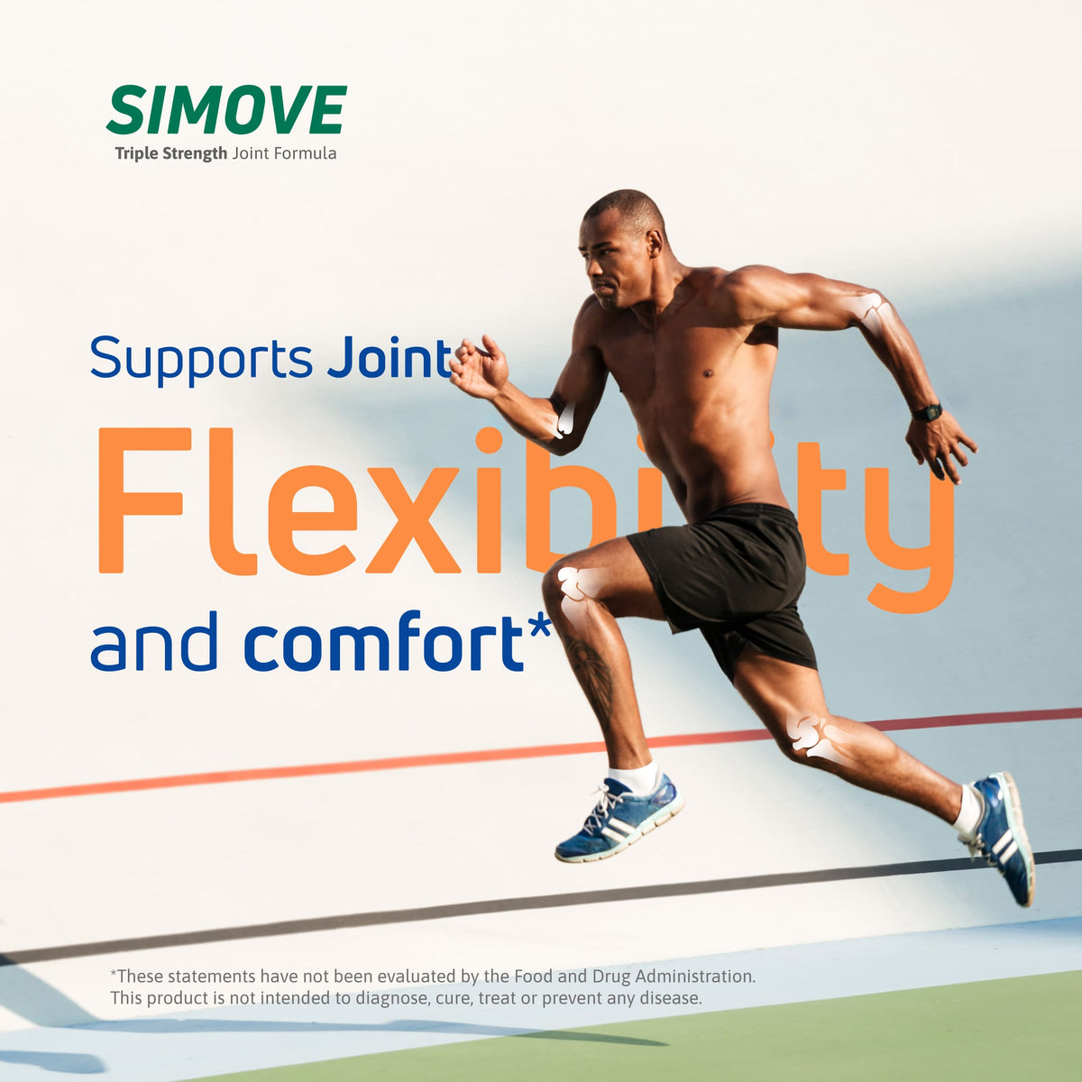 Athletic man running with SIMOVE Triple Strength Joint Formula for joint flexibility and comfort support.