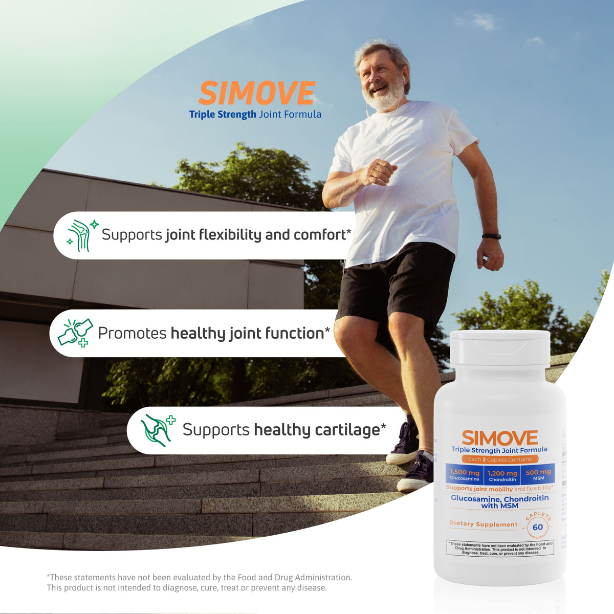 Older man walking with SIMOVE joint formula for joint flexibility, comfort, and cartilage support.