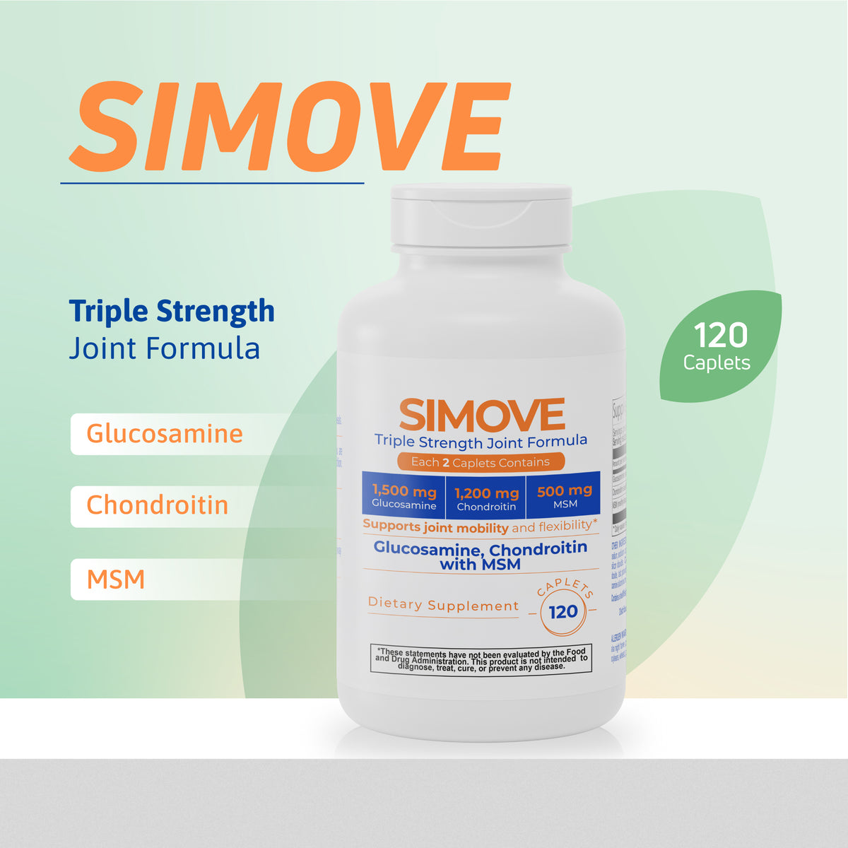 SIMOVE joint formula supplement with glucosamine, chondroitin, MSM, and 120 caplets.