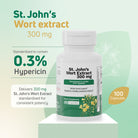 St. John’s Wort Extract 300 mg herbal supplement standardized to contain 0.3% hypericin with 100 capsules