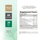 Supplement facts for Trace Mineral Complex with 800 mg Vitamin C plus Vitamins A and E, 60 softgels.