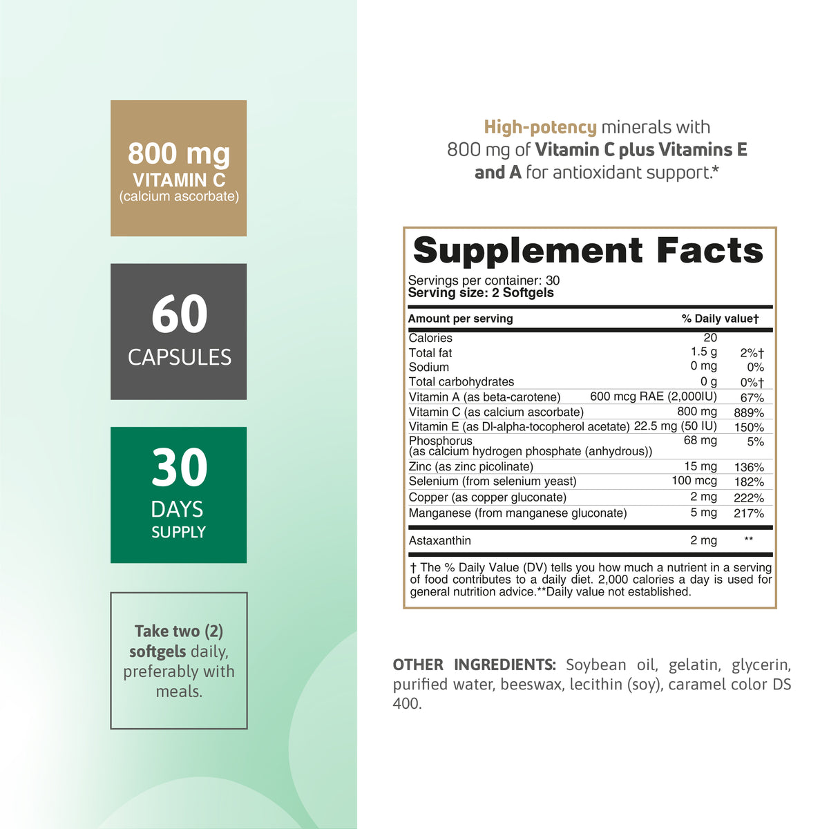 Supplement facts for Trace Mineral Complex with 800 mg Vitamin C plus Vitamins A and E, 60 softgels.