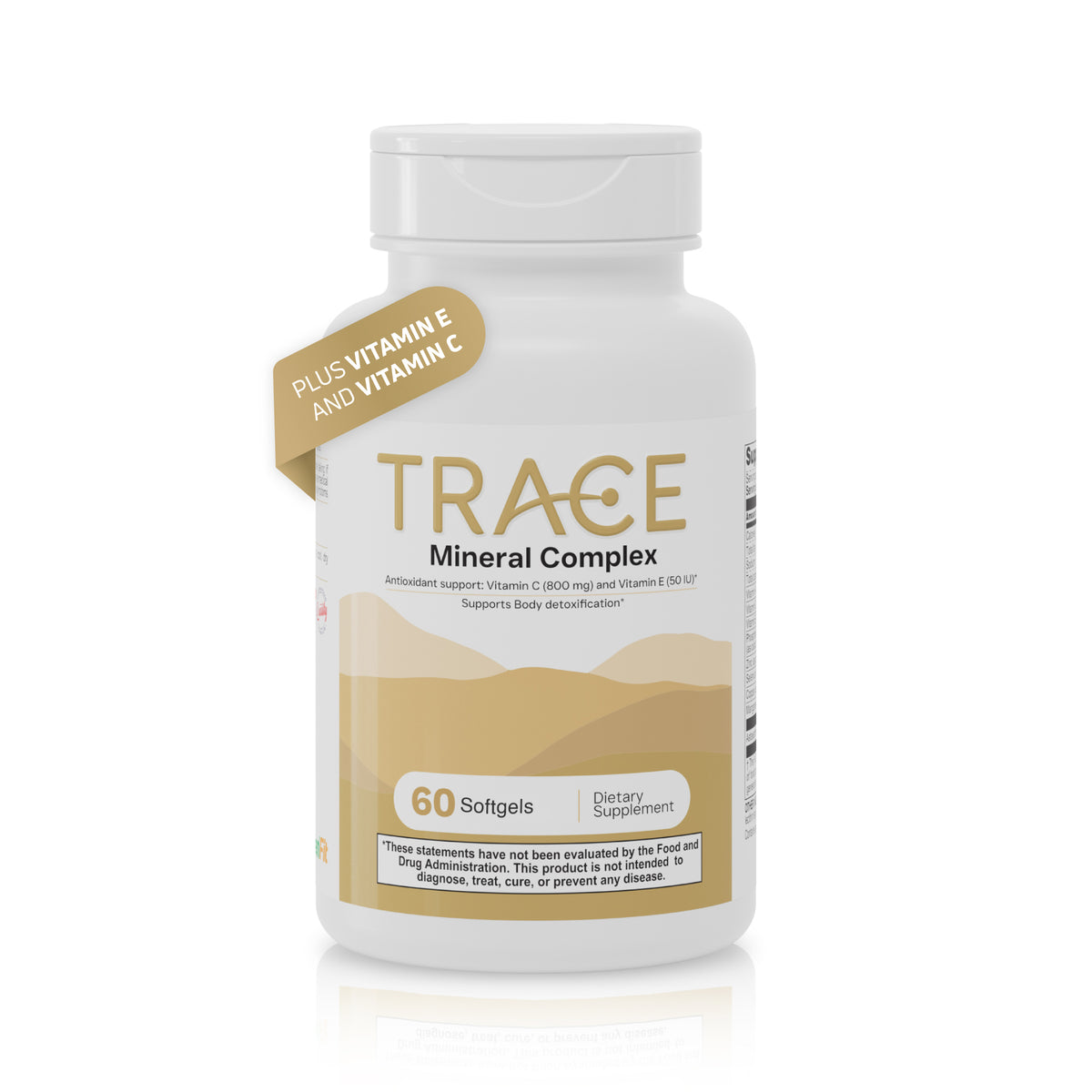 Trace Mineral Complex supplement bottle with Vitamin C, Vitamin E and Vitamin A, 60 softgels on white background.