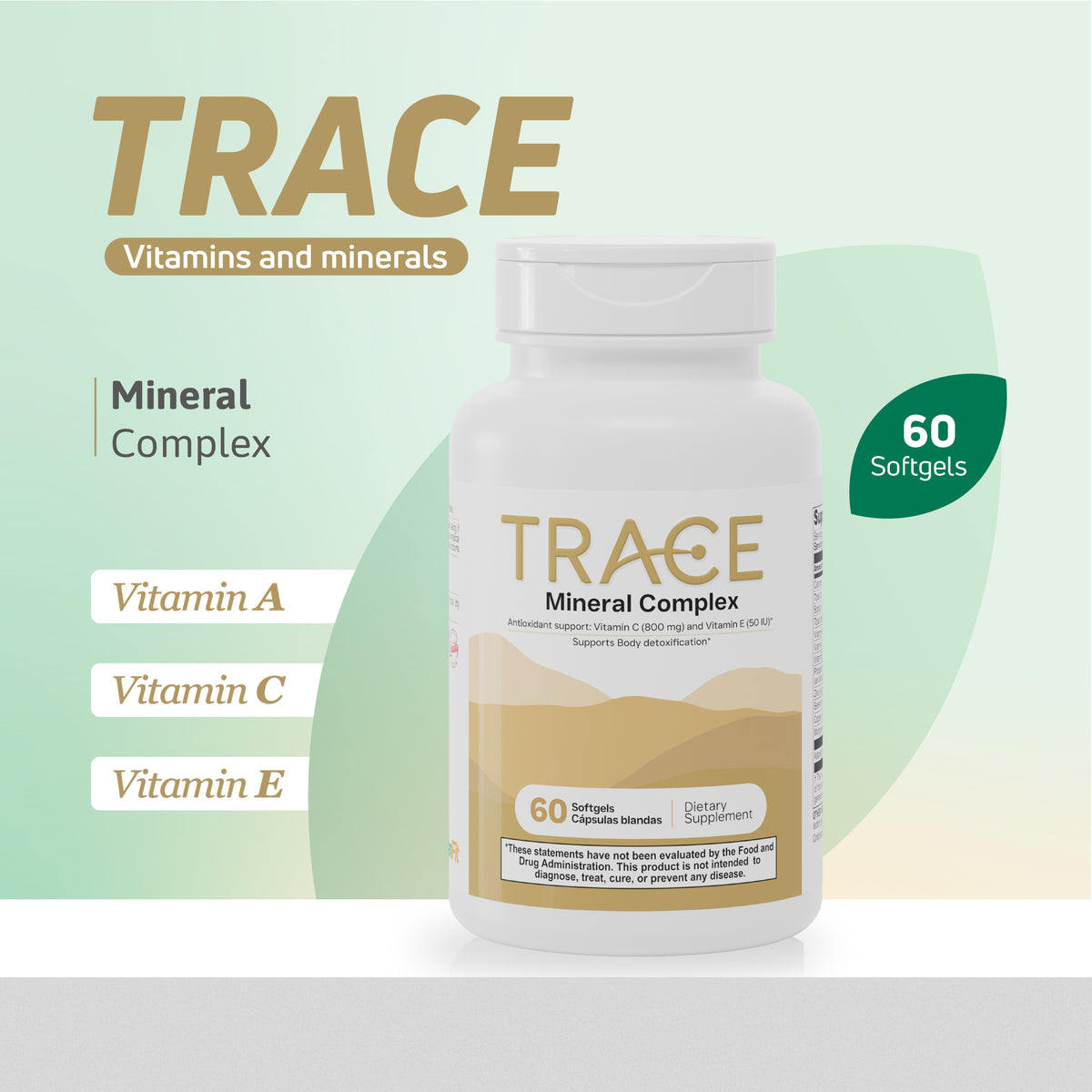 Trace Mineral Complex vitamins and minerals supplement with Vitamin A, Vitamin C and Vitamin E in 60 softgels.