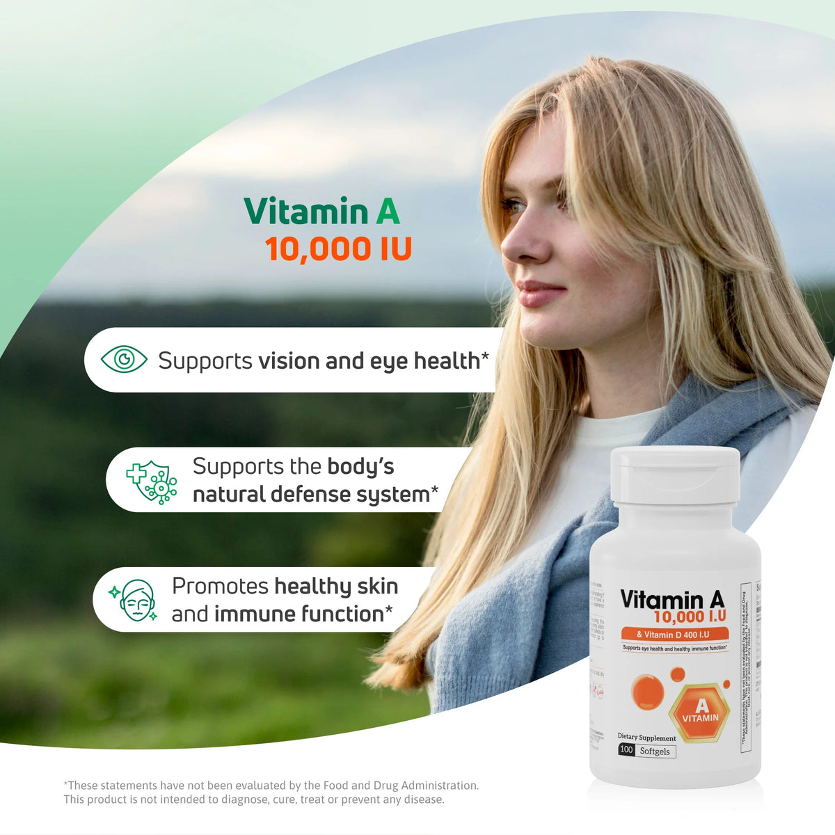 Vitamin A 10000 IU supplement with Vitamin D3 for eye health, skin health and immune support