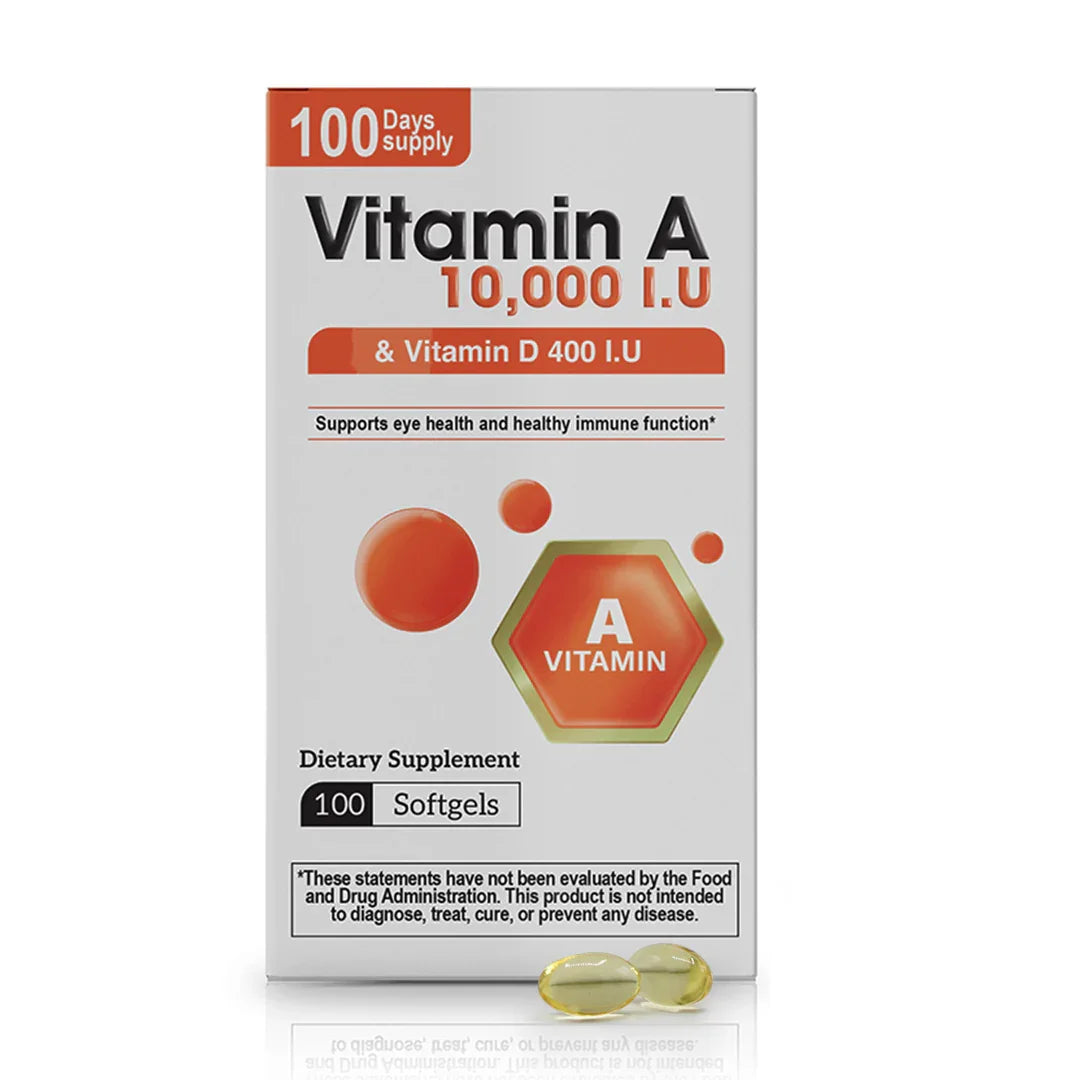 Vitamin A 10000 IU and Vitamin D3 400 IU supplement box with 100 softgels and 100 day supply