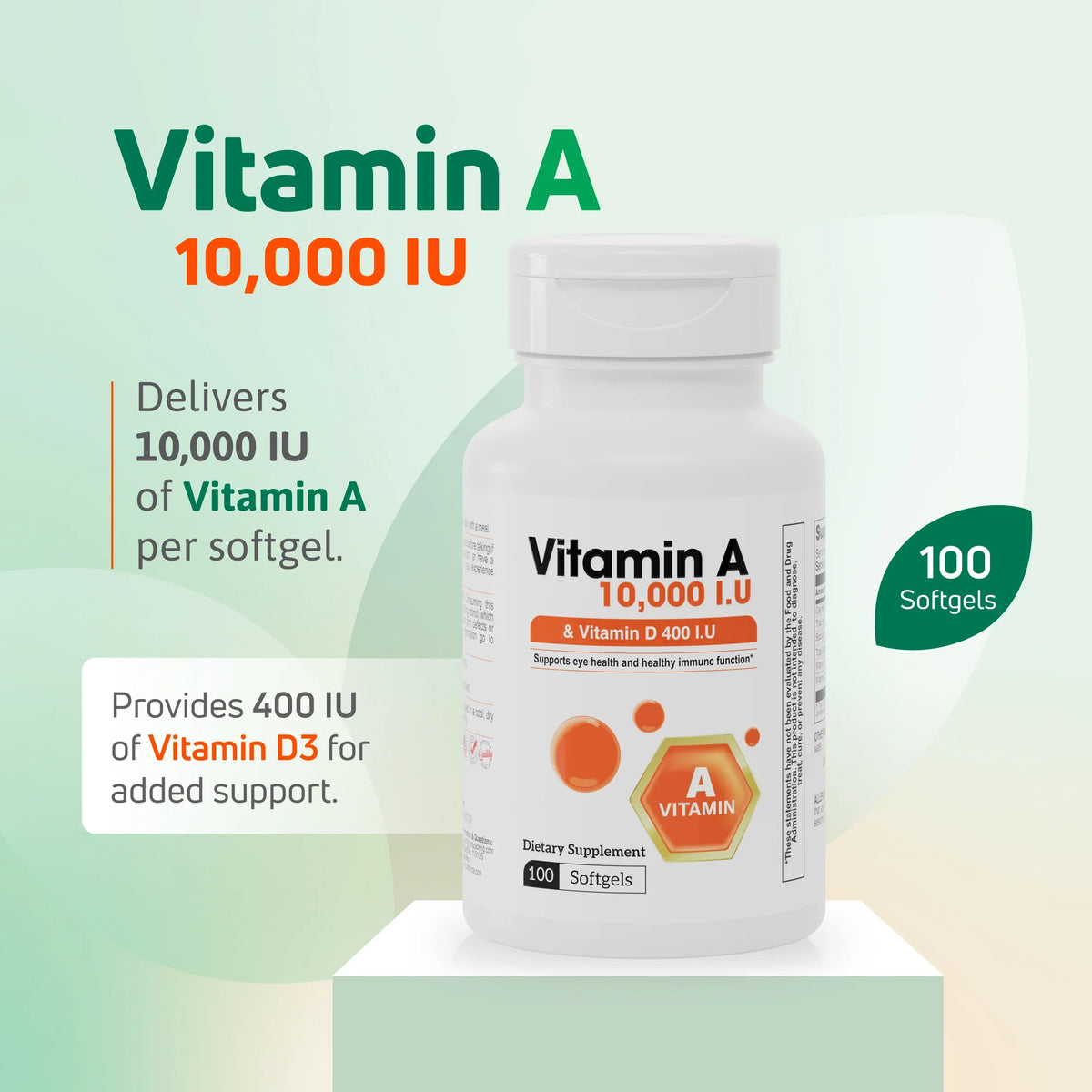 Vitamin A 10000 IU supplement with Vitamin D3 400 IU in 100 softgels