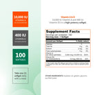 Vitamin A and D3 supplement facts panel with 10000 IU Vitamin A, 400 IU Vitamin D3 and 100 softgels