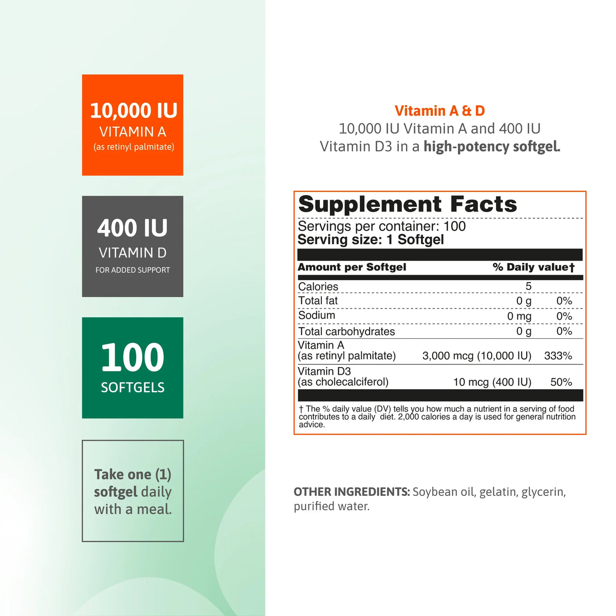 Vitamin A and D3 supplement facts panel with 10000 IU Vitamin A, 400 IU Vitamin D3 and 100 softgels