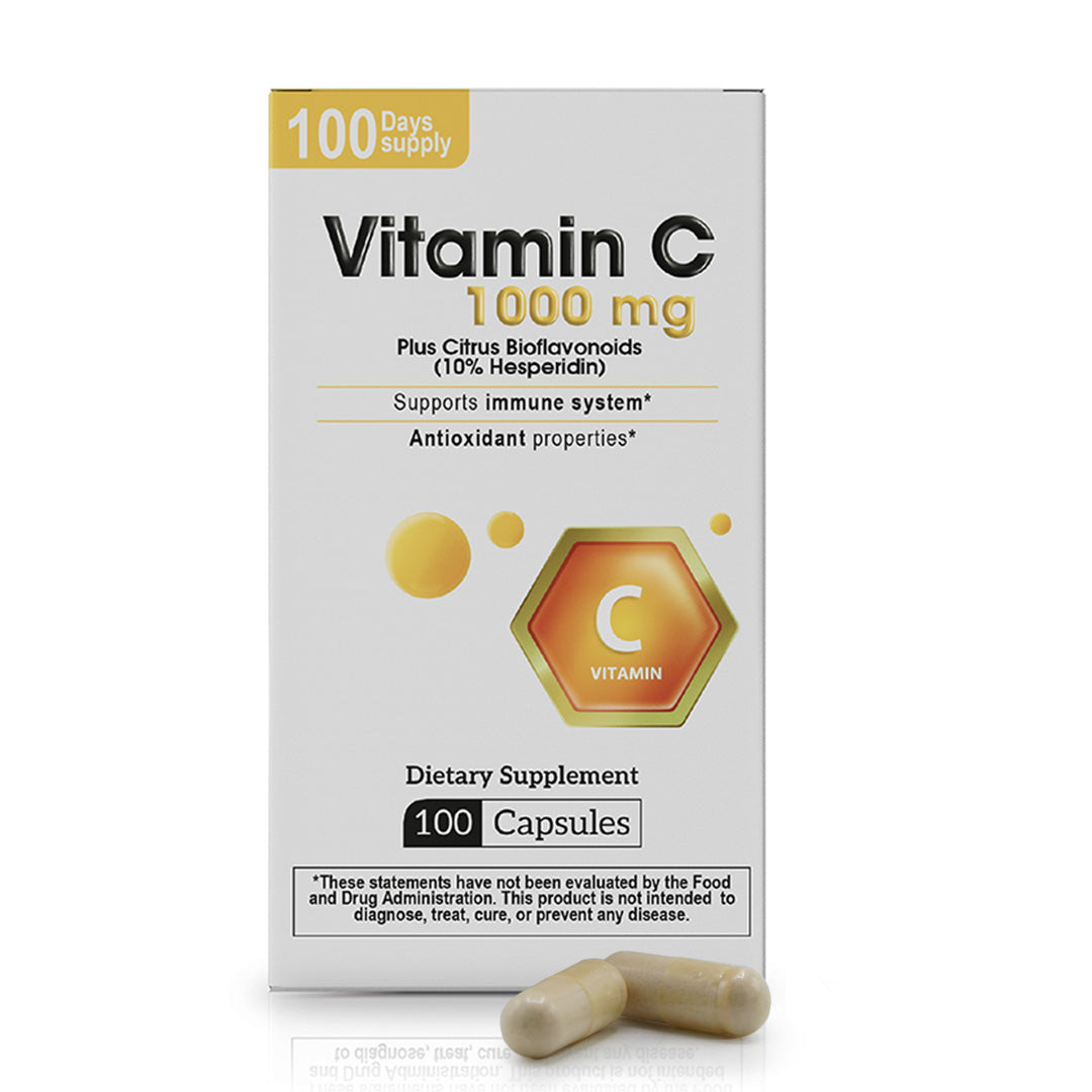 Vitamin C 1000 mg supplement box with citrus bioflavonoids, 100 capsules and 100 day supply