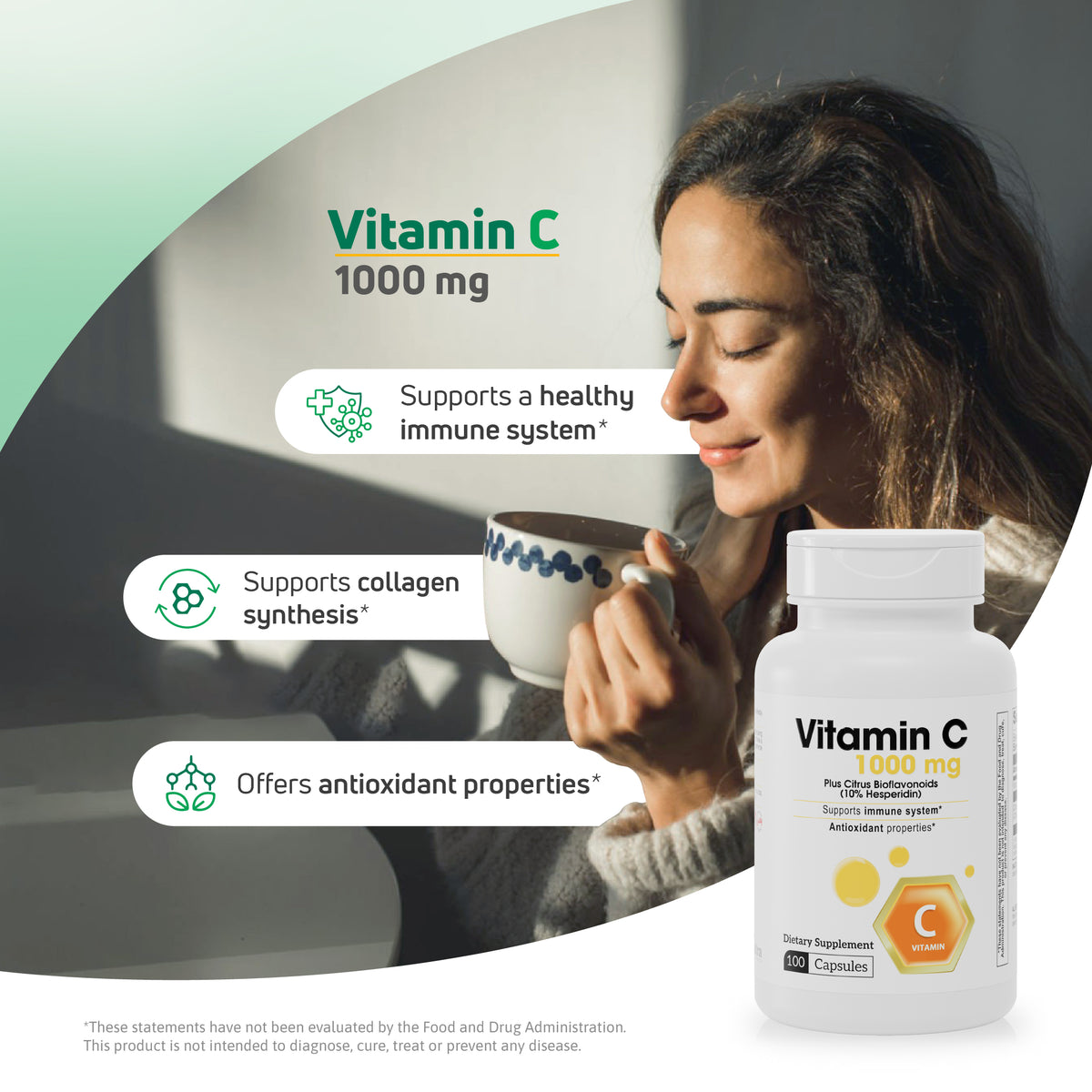 Vitamin C 1000 mg supplement lifestyle image for immune support, collagen synthesis and antioxidant properties