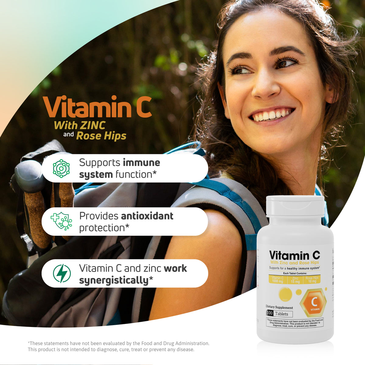 Vitamin C with Zinc and Rose Hips supplement for immune support and antioxidant protection