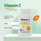 Vitamin C with Zinc and Rose Hips supplement with 100 tablets for immune system support