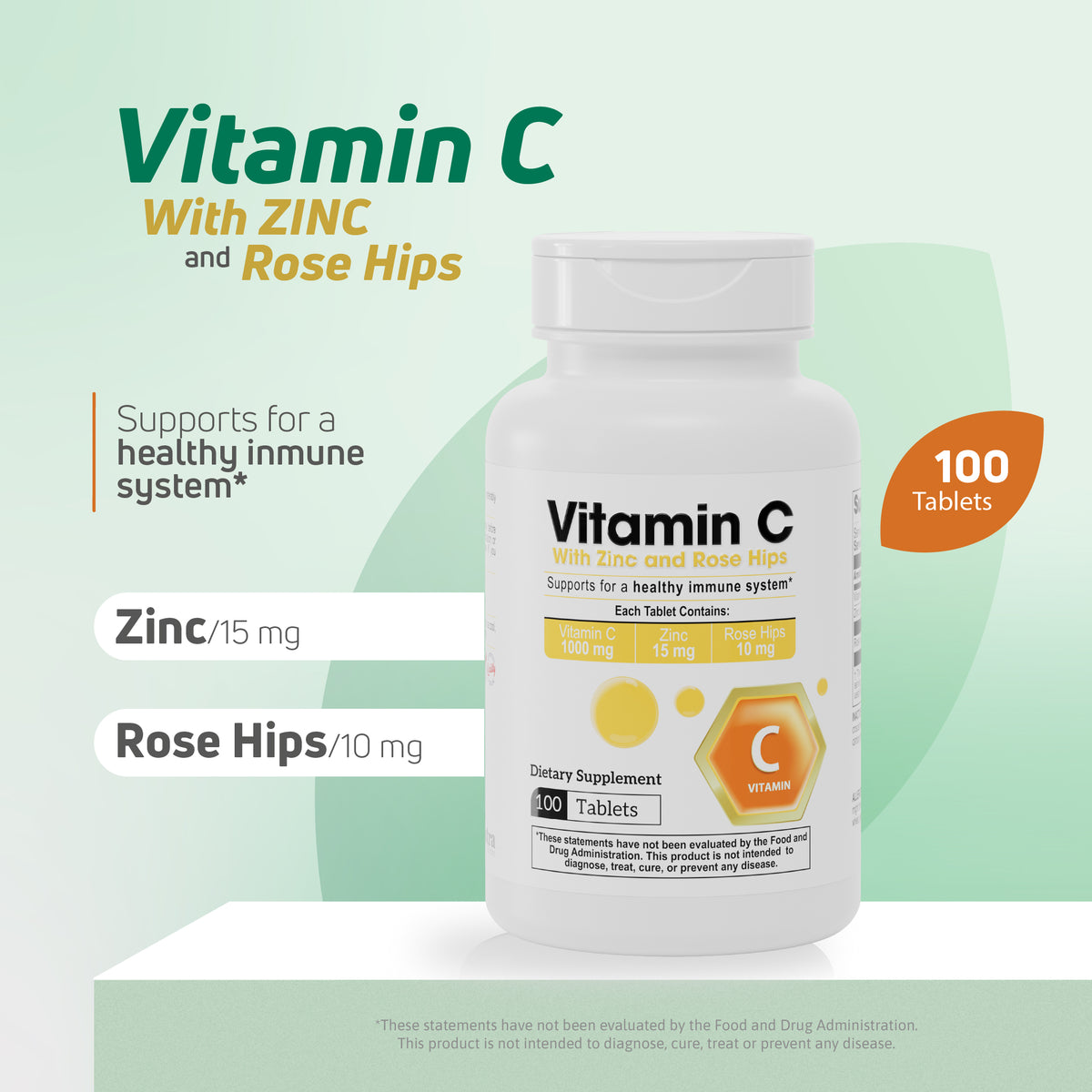 Vitamin C with Zinc and Rose Hips supplement with 100 tablets for immune system support