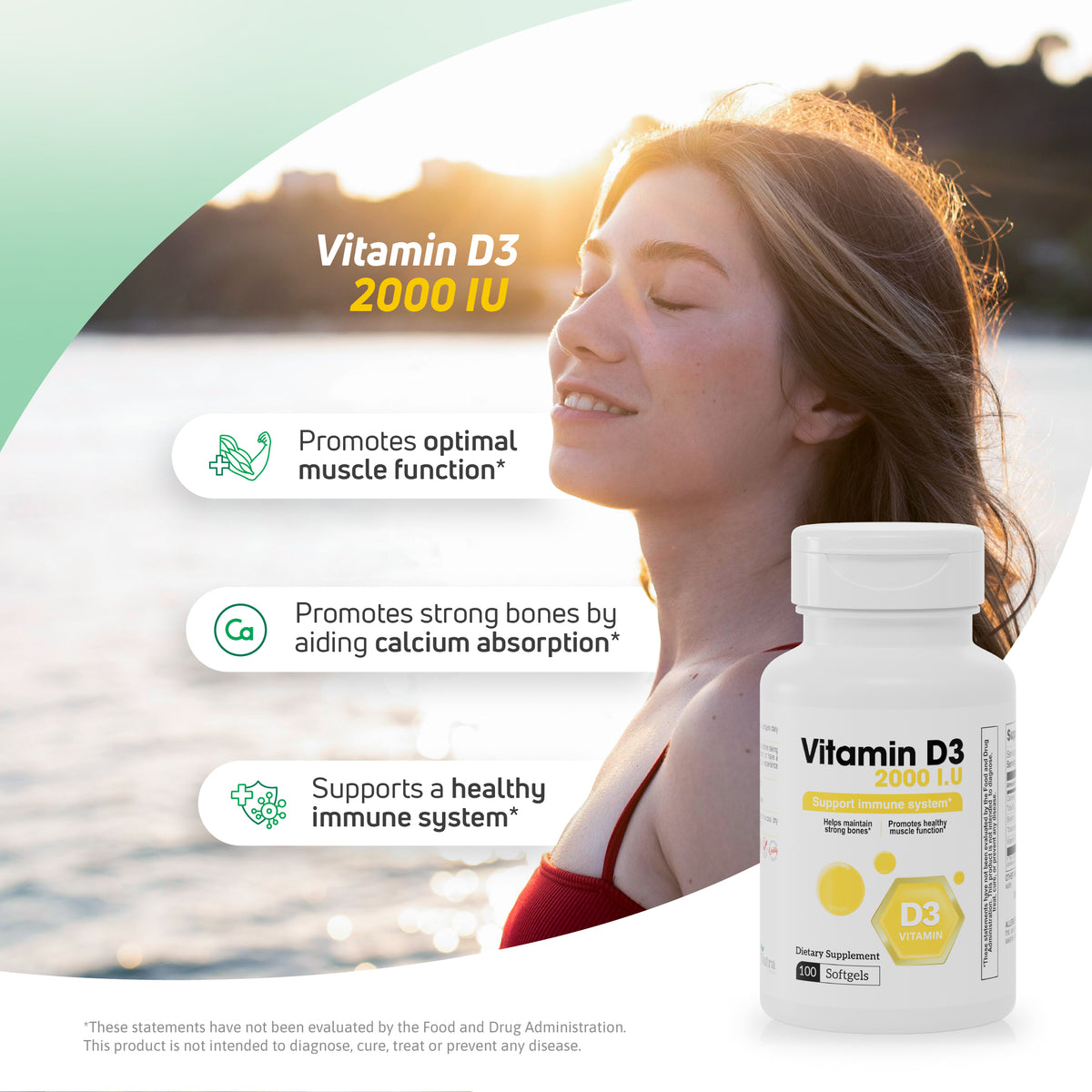 Woman outdoors with Vitamin D3 2000 IU supplement for bone, muscle, and immune support.