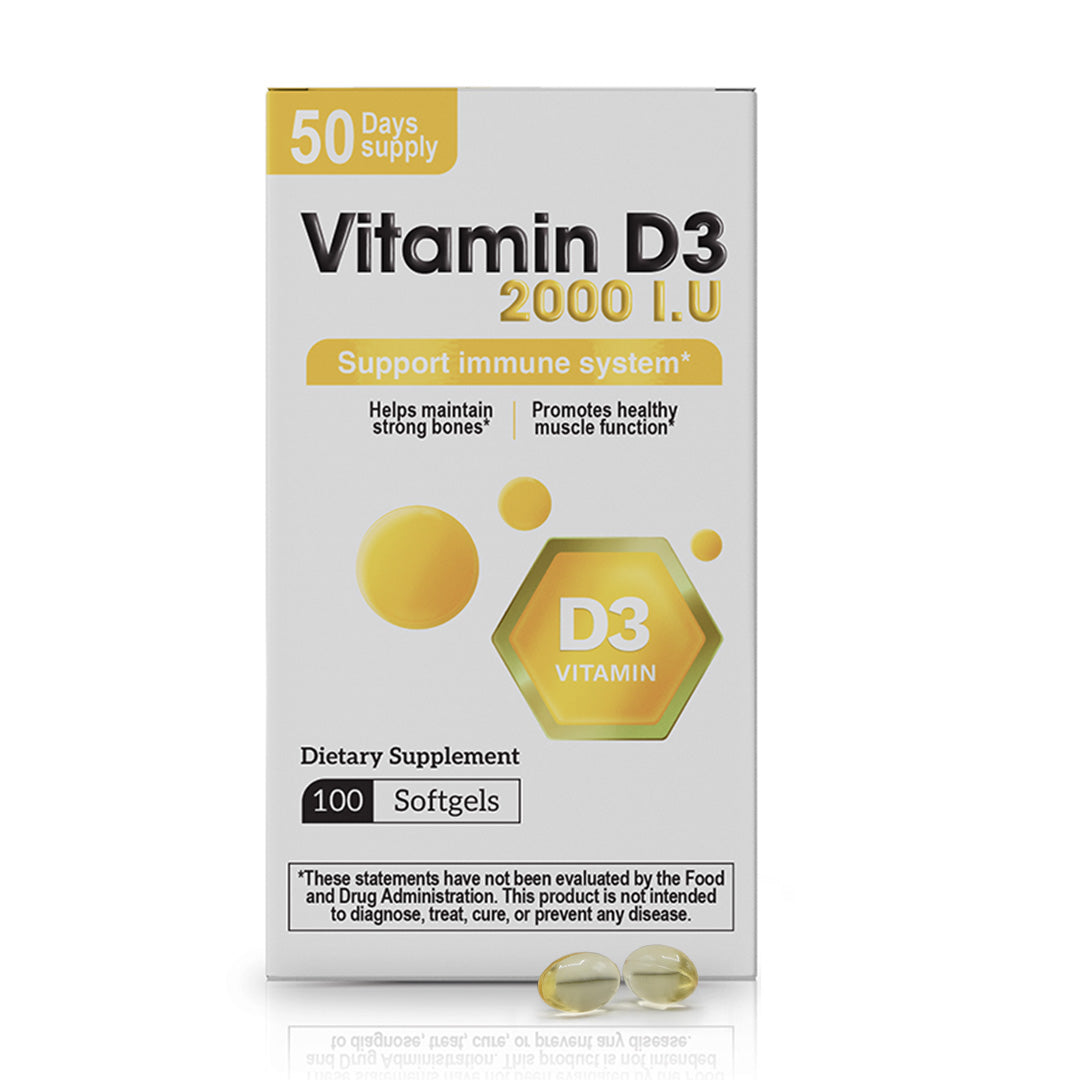 Vitamin D3 2000 IU supplement box with 100 softgels and 50 days supply.