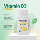 Vitamin D3 2000 IU softgels with cholecalciferol and 100 softgels per bottle.
