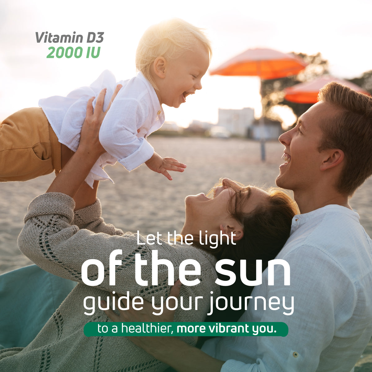 Family enjoying sunlight with Vitamin D3 2000 IU message for daily wellness support.