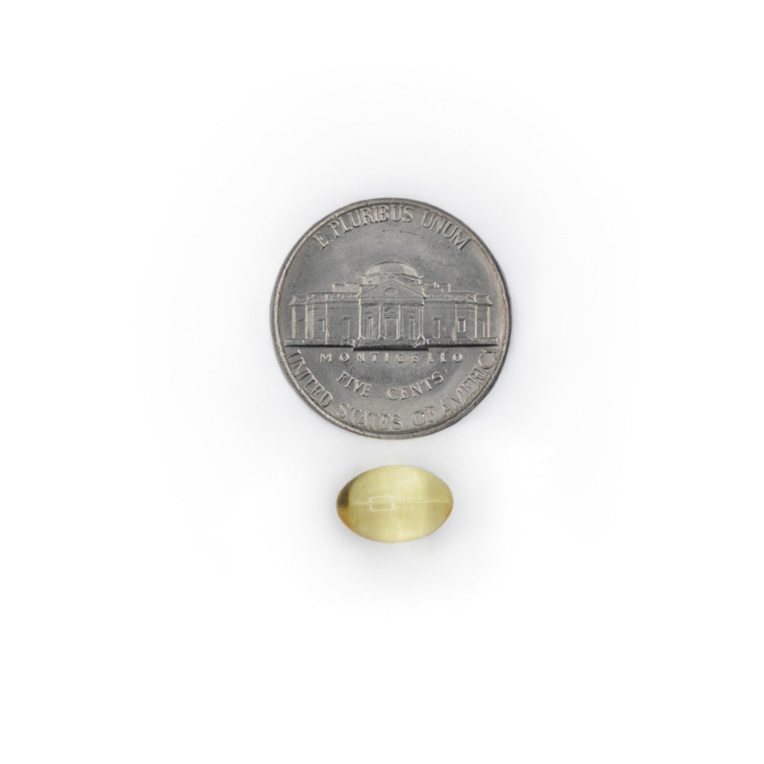 Small Vitamin D3 2000 IU softgel shown next to a coin for size comparison.