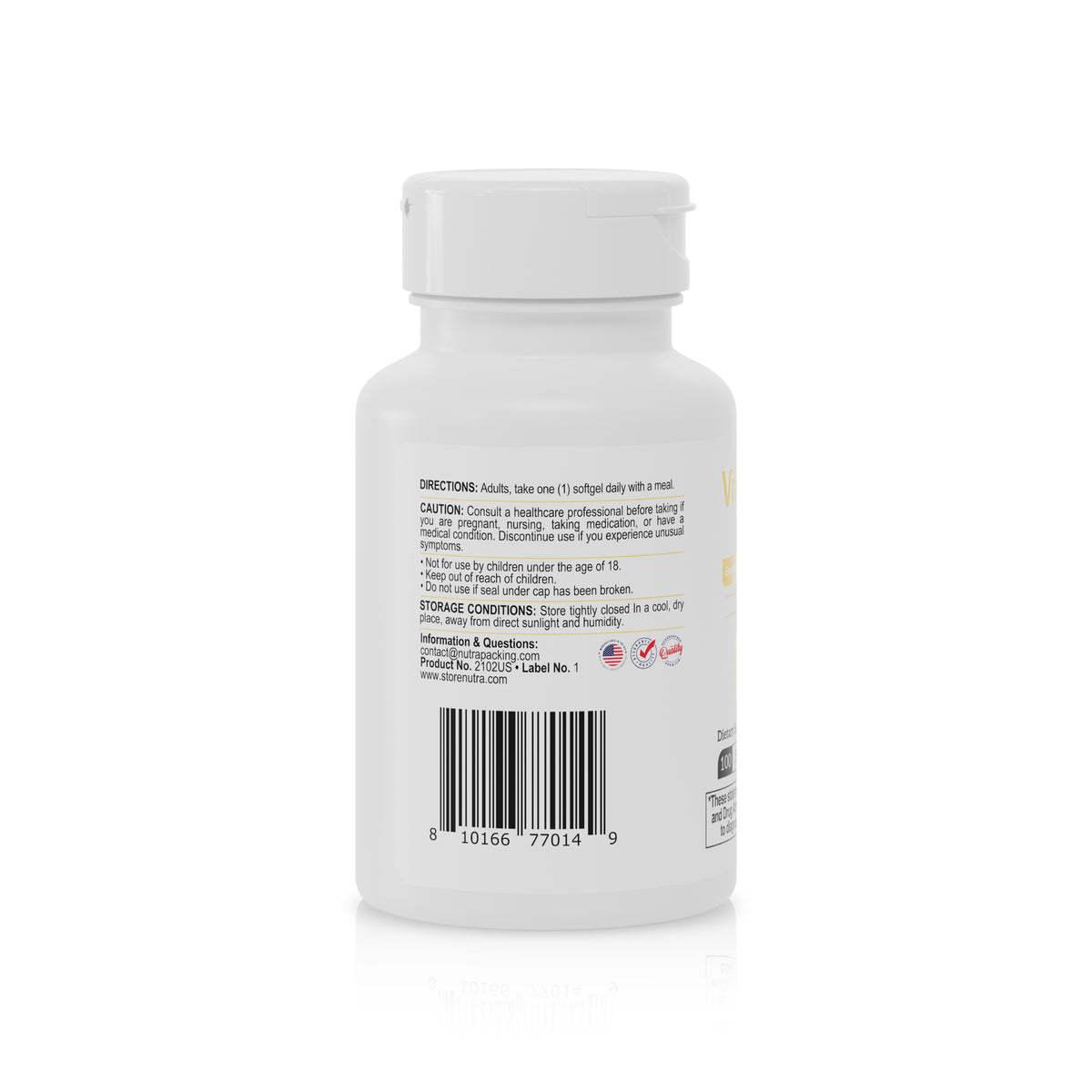 Back label view of Vitamin D3 5000 IU supplement bottle with barcode and product information.