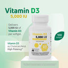 Vitamin D3 5000 IU cholecalciferol supplement with 100 high potency softgels.