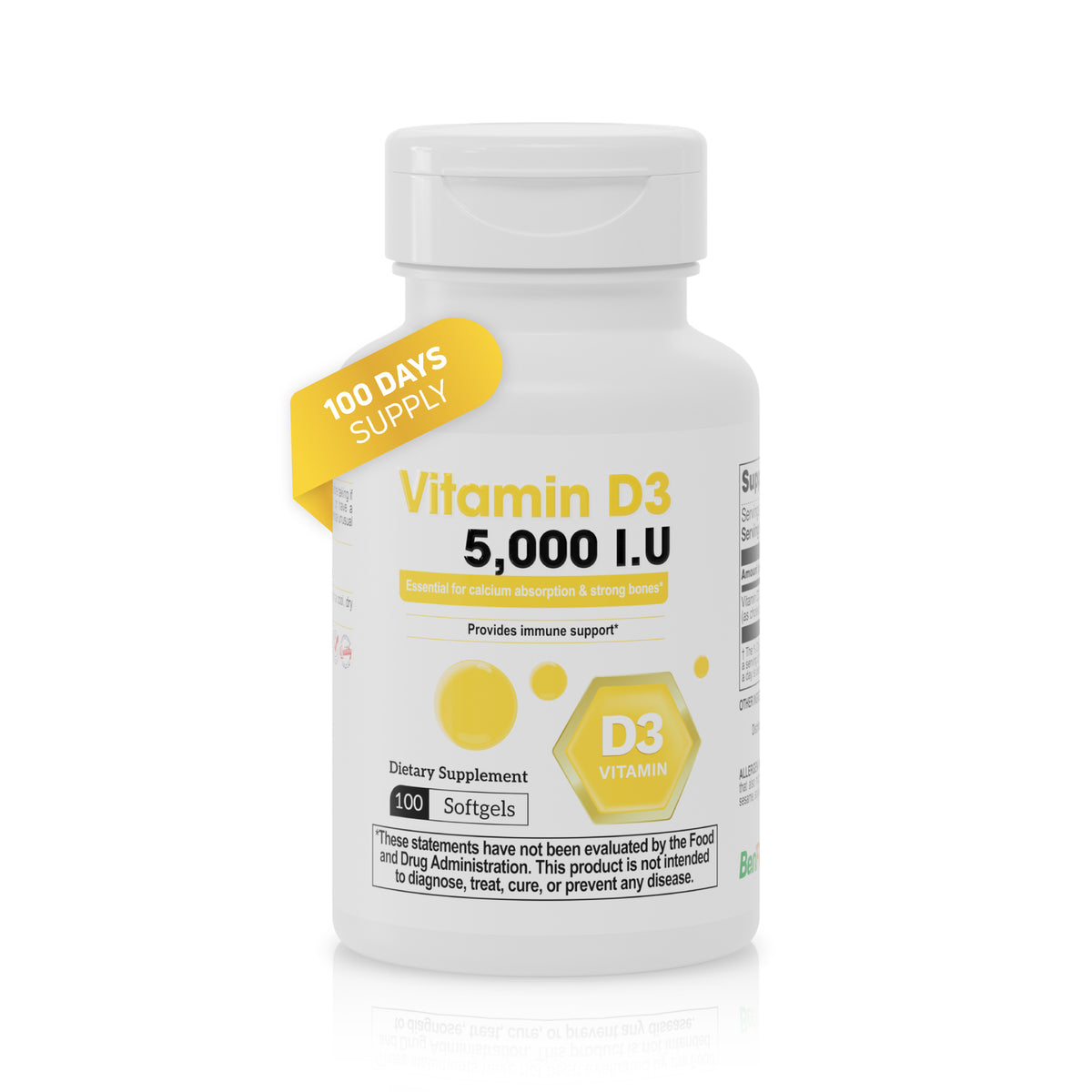 Vitamin D3 5000 IU supplement bottle with 100 softgels for daily bone and immune support.