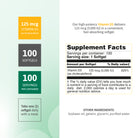 Supplement facts for Vitamin D3 5000 IU softgels with 125 mcg cholecalciferol per serving.