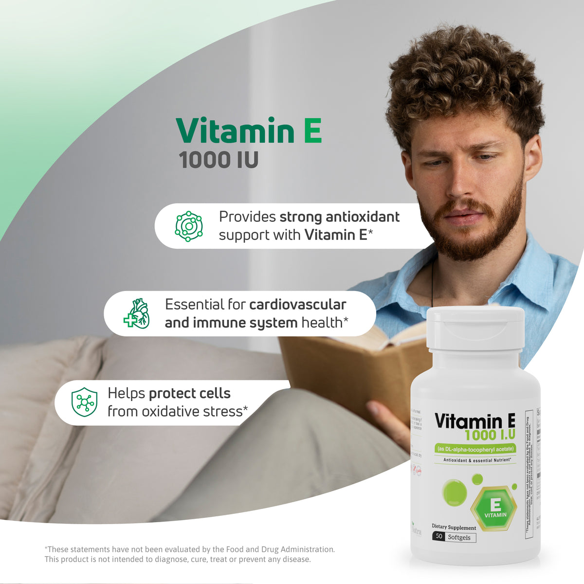Man reading indoors with Vitamin E 1000 IU softgels for antioxidant and immune system support.
