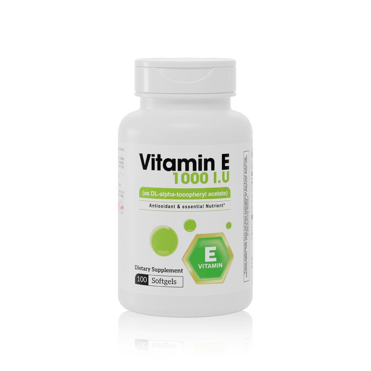 Vitamin E 1000 IU supplement bottle with 100 softgels on a white background.
