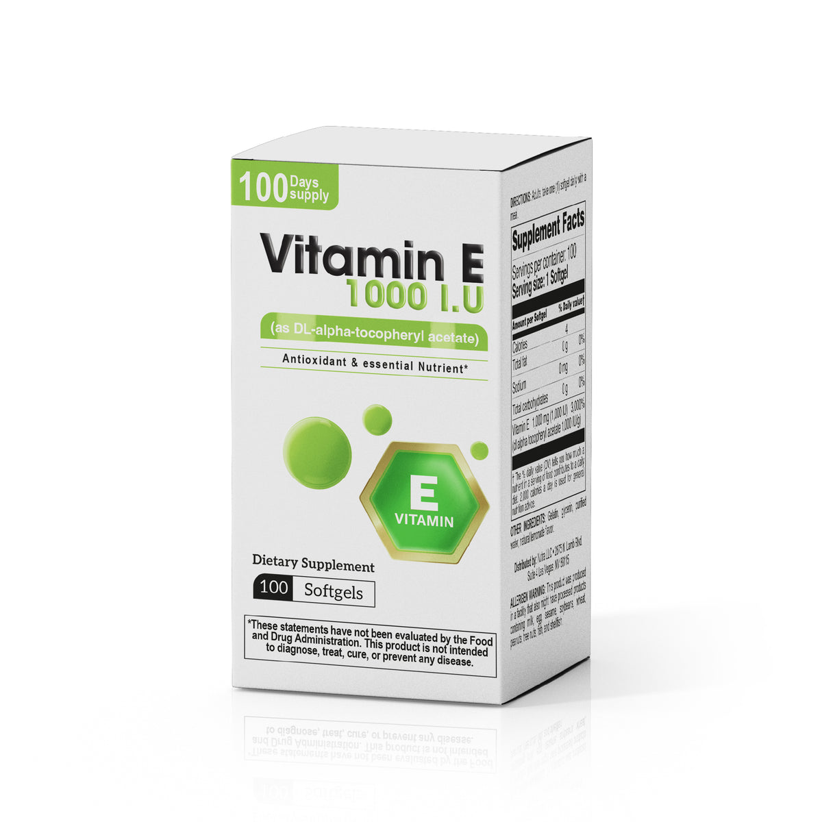 Vitamin E 1000 IU supplement box with 100 softgels and DL-alpha tocopheryl acetate label.