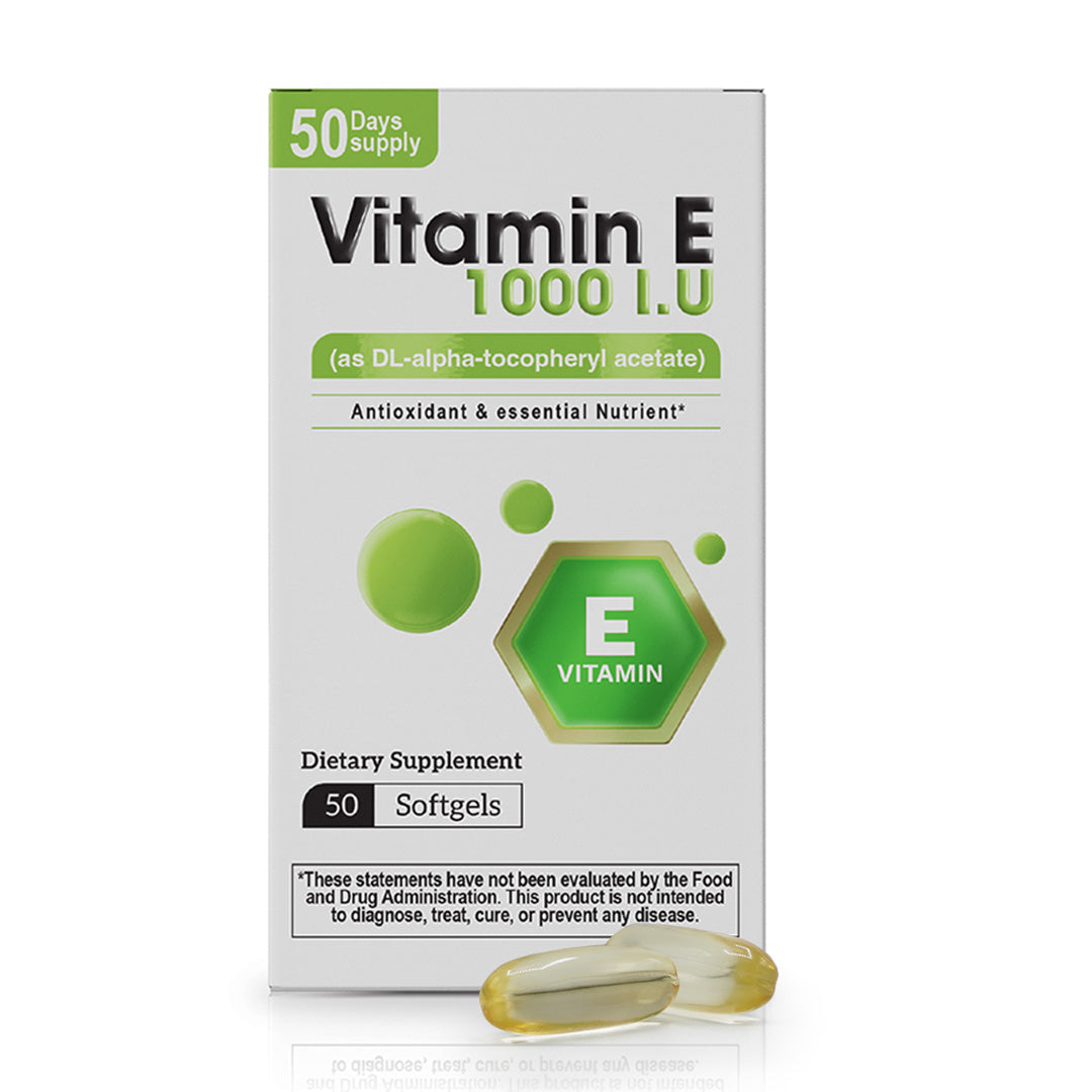 Vitamin E 1000 IU supplement box with 50 softgels and antioxidant nutrient label.