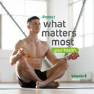 Man meditating with Vitamin E 1000 IU lifestyle message about protecting daily health.